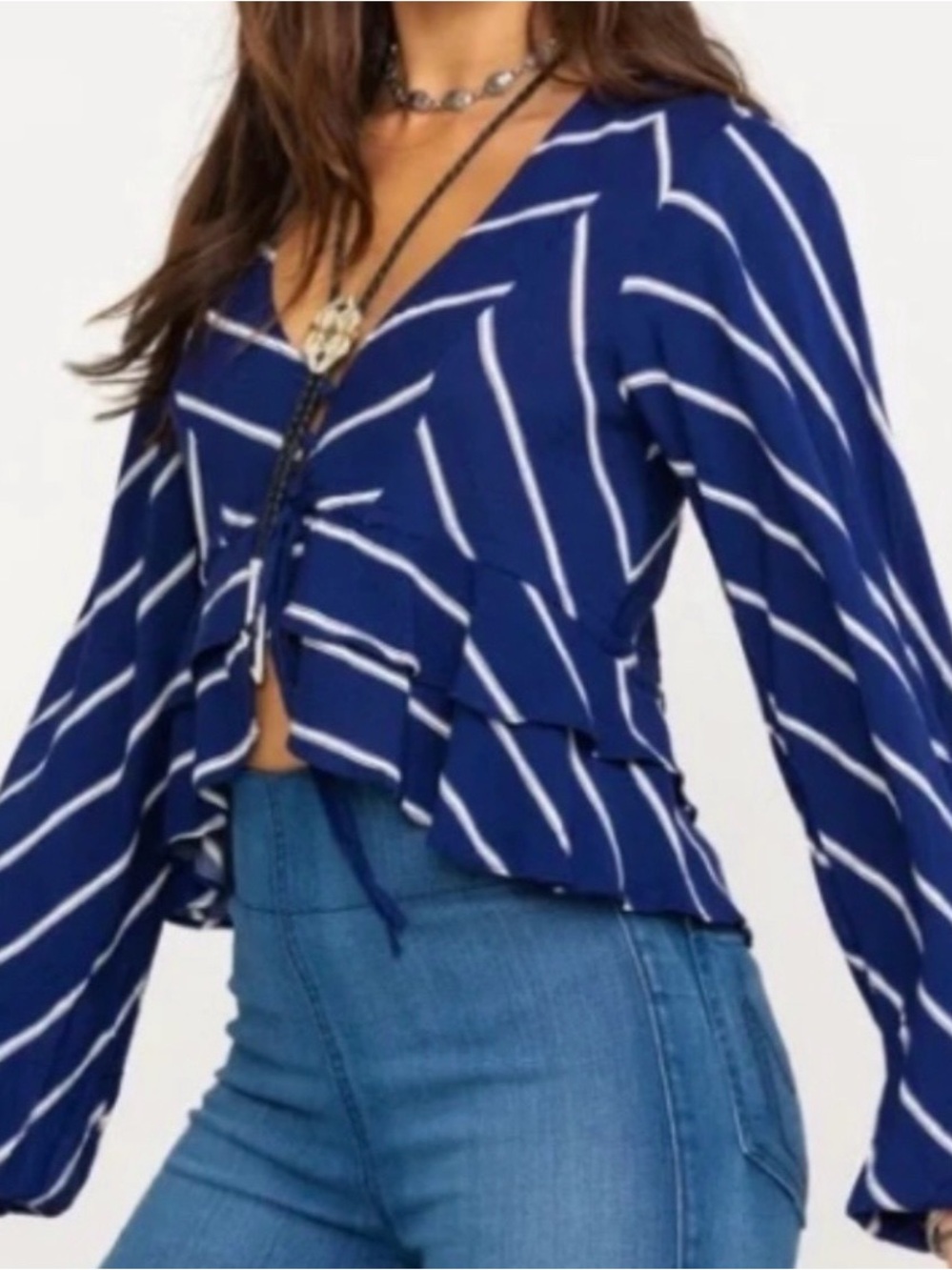 #986 FREE PEOPLE Samifran Navy, White Striped V‑Neck Ruffle Hem Peplum Crop